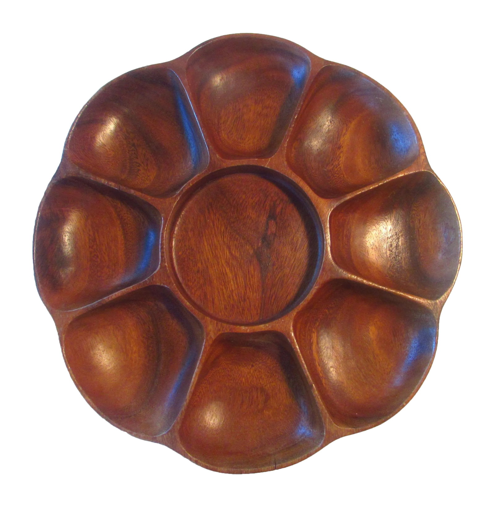 Teak Wood Serving Platter: This wonderful vintage serving platter has compartments for serving hors d'oeuvres or nuts. It is beautifully hand carved of teak hardwood. It could also be used to hold other small items like