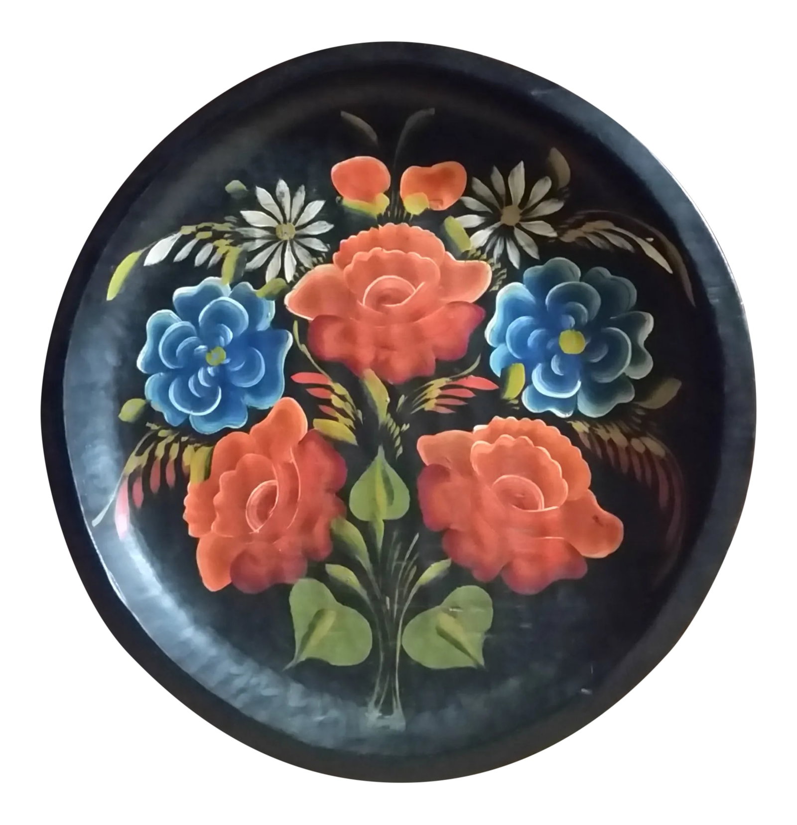 Vintage Mexican Folk Art Wood Floral Hanging Plate: Here's a large and colorful hanging plate that was made in Mexico. It has bold colors and the hand carved bowl gives it serious folk art appeal. This has a wire loop for hanging. Looks spectacular whe
