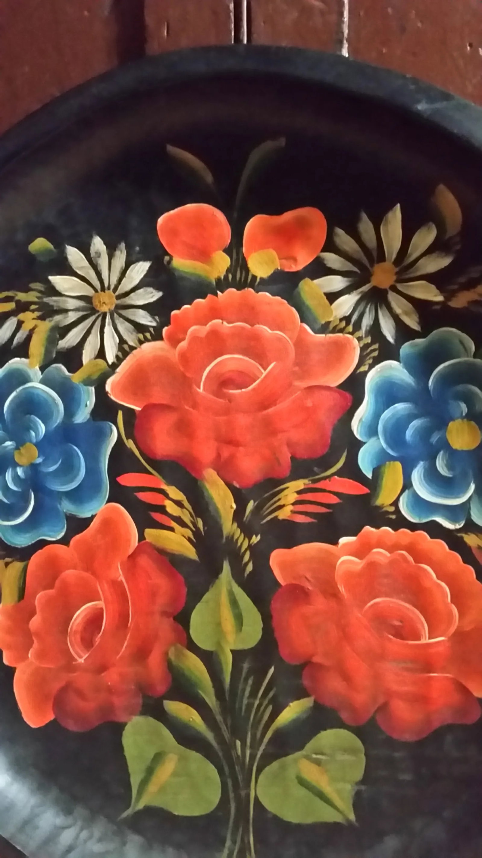 Vintage Mexican Folk Art Wood Floral Hanging Plate - 2
