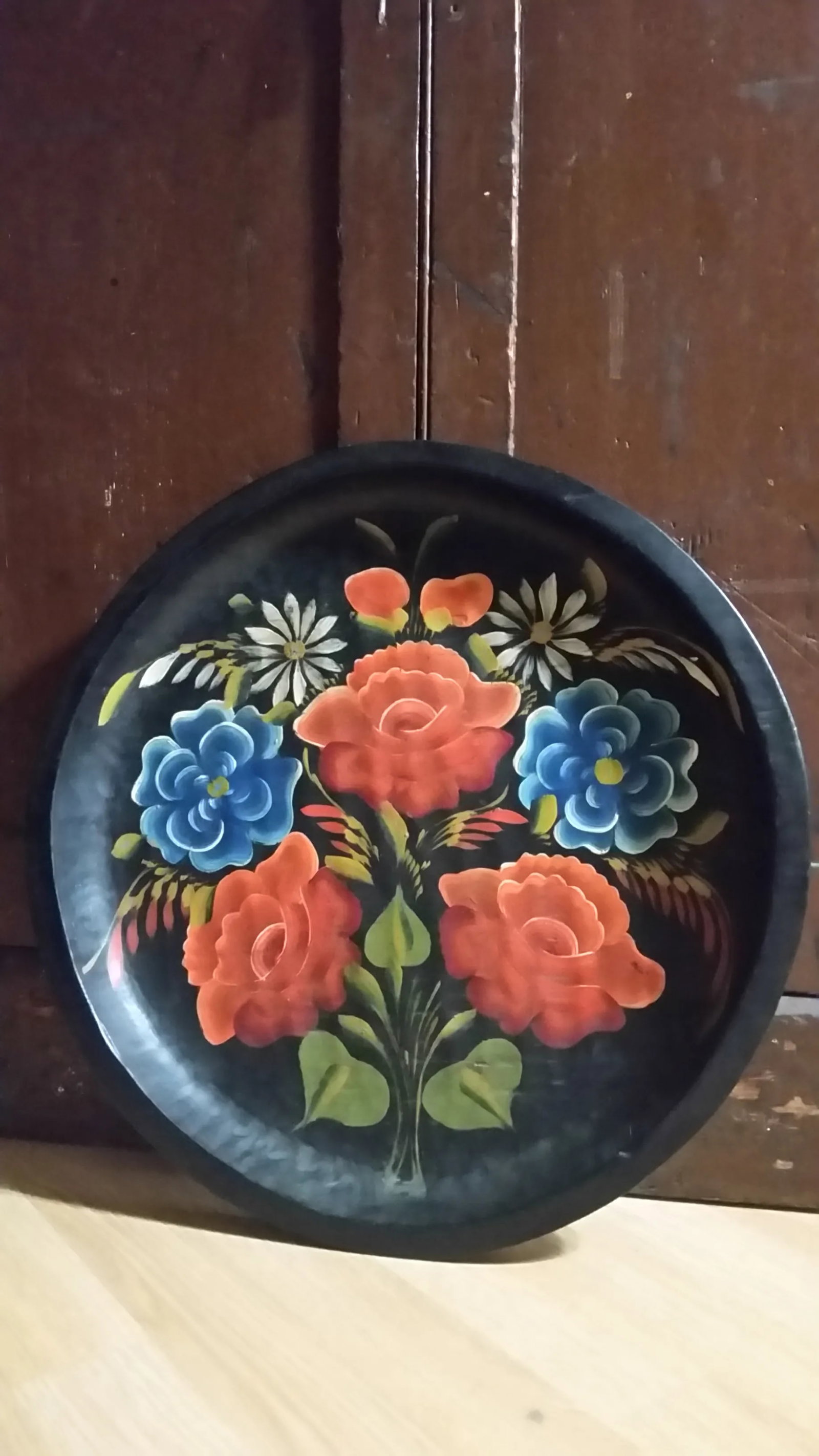 Vintage Mexican Folk Art Wood Floral Hanging Plate - 5