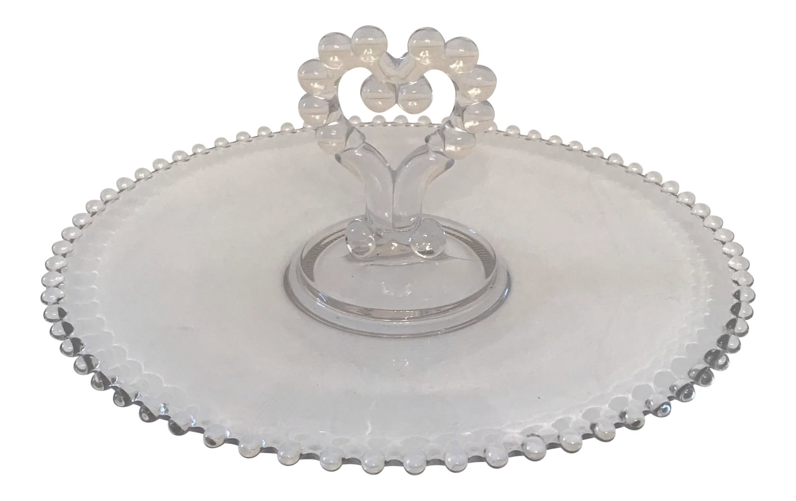 1930s Vintage Imperial Glass Co. Candlewick Round Sandwich Tray: Candlewick Round sandwich tray with heart handle. Made by the Imperial Glass Co Condition: Alterations: Original Condition Unaltered Imperfections: Some Imperfections Condition Notes: Perfect