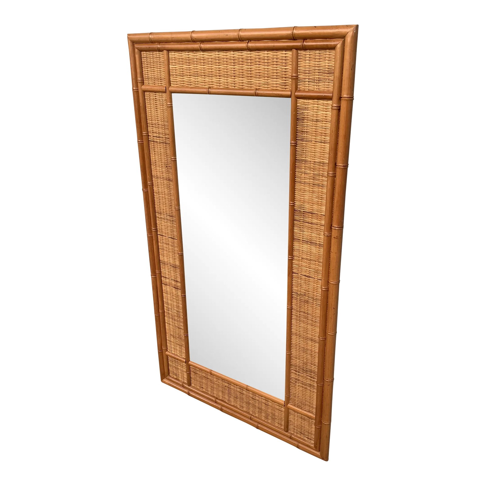 Vintage Bamboo Mirror With Woven Wicker Trim: This mirror has a delightful rectangular shape with glass enclosed by the caned frame which is itself, framed by wicker and more cane. The wicker In between the two frames is a delightful, deep, rich