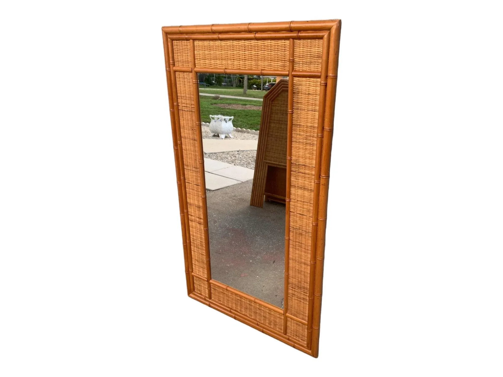 Vintage Bamboo Mirror With Woven Wicker Trim - 2