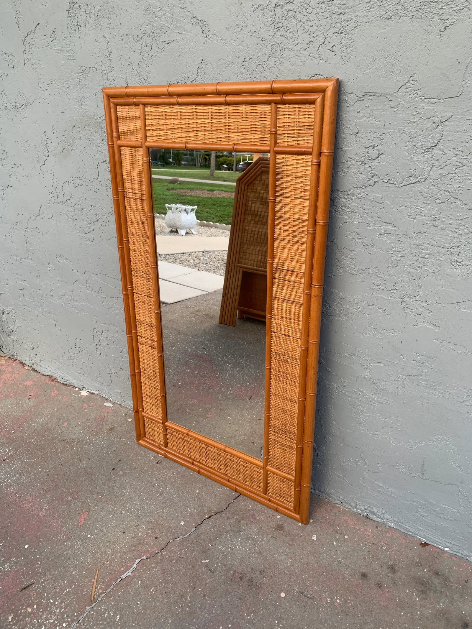Vintage Bamboo Mirror With Woven Wicker Trim - 5