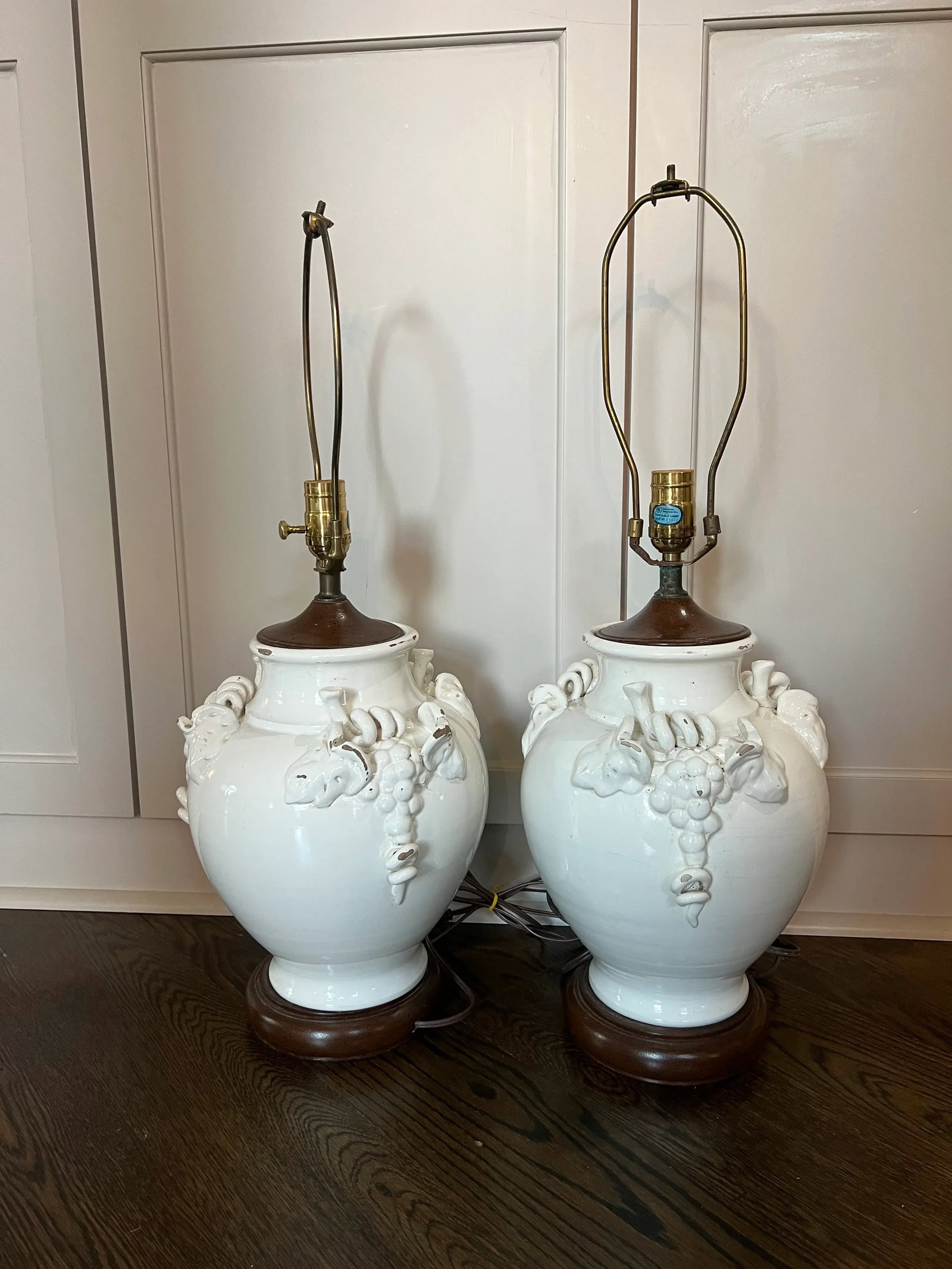 Pair Vintage French Ceramic Cream Glazed Vine Grape Theme Lamps - 12