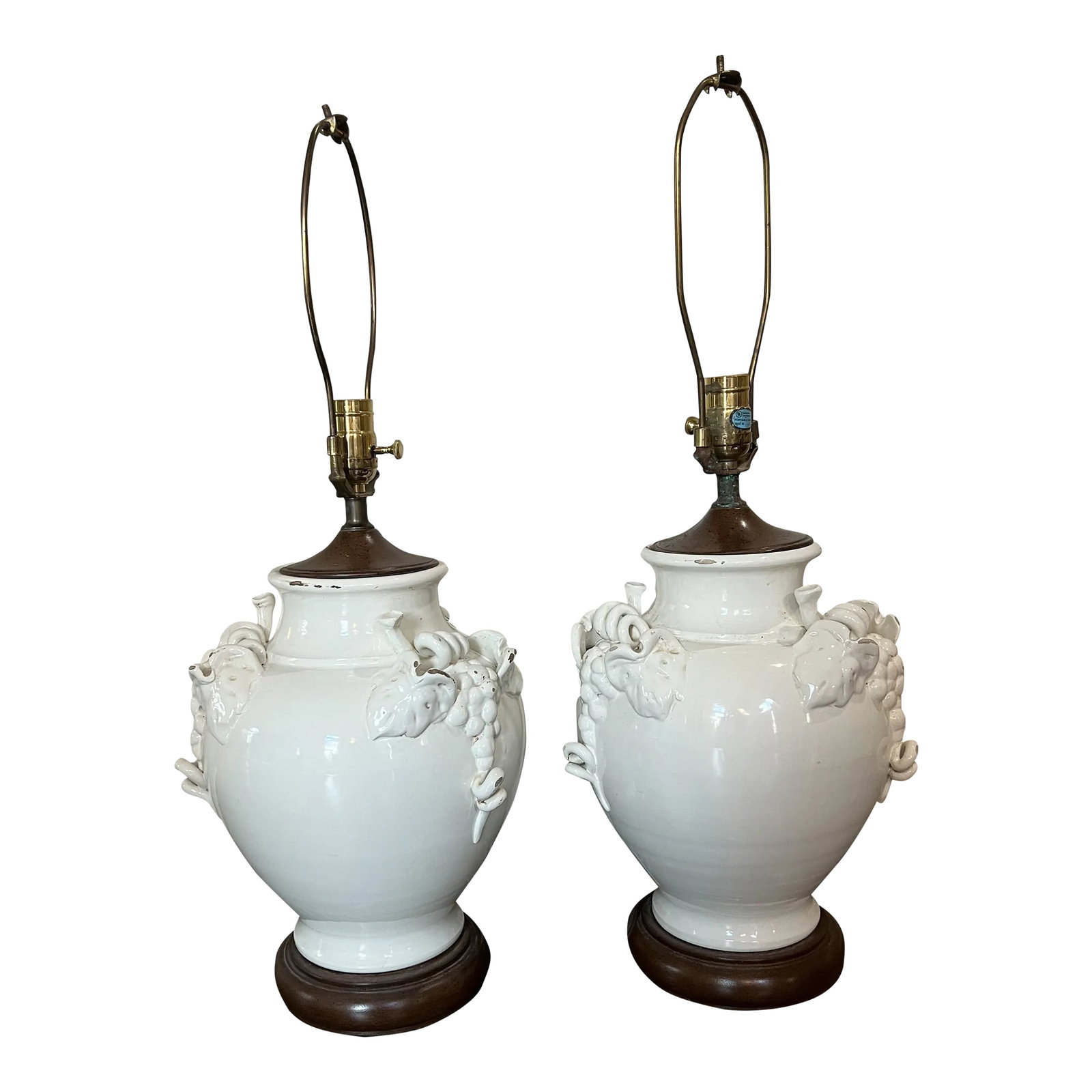 Pair Vintage French Ceramic Cream Glazed Vine Grape Theme Lamps: I personally love these lamps. A beautiful neutral cream color, off set with the darker top and base make them incredibly attractive and ready to fit into any decor. The raised areas and a few spots