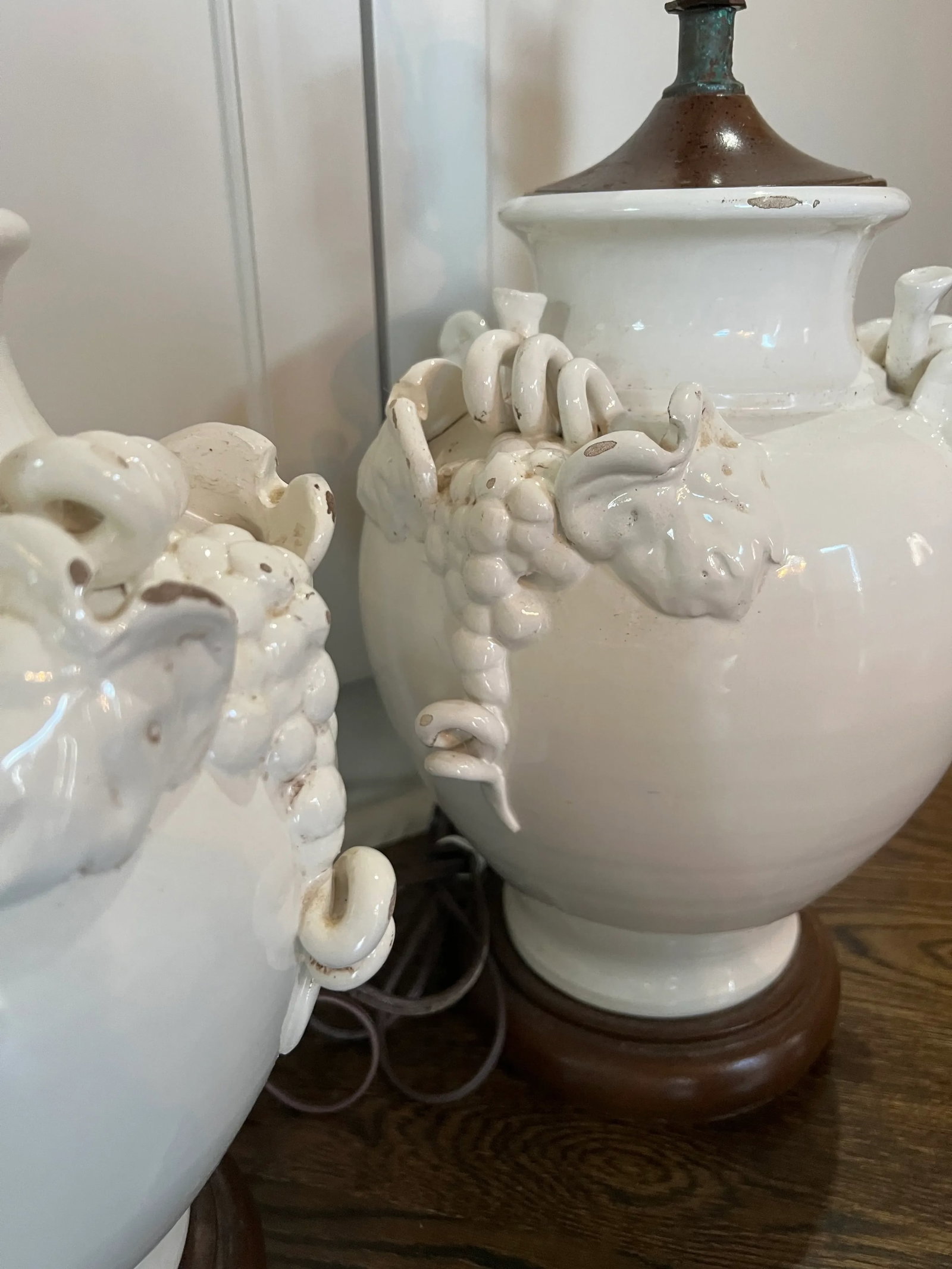 Pair Vintage French Ceramic Cream Glazed Vine Grape Theme Lamps - 5