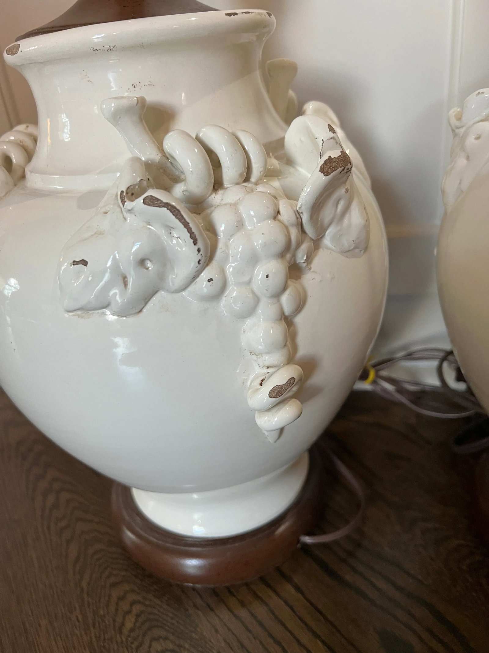 Pair Vintage French Ceramic Cream Glazed Vine Grape Theme Lamps - 6