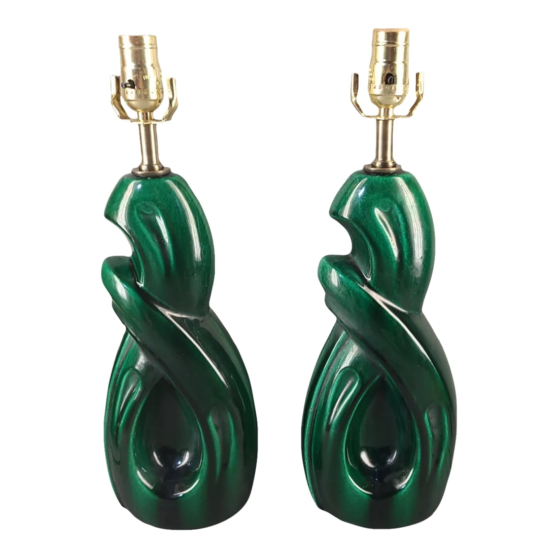 Pair of Vintage Mid-Century Modern Emerald Green Abstract Glazed Pottery Table Lamps: Vintage Mid-Century Modern Emerald Green Pair of Abstract Glazed Pottery Table Lamps Measuring 18'' High 6.25'' Wide 4.75'' Deep. Good Condition New wiring, a minor nick barely visible nothing major,