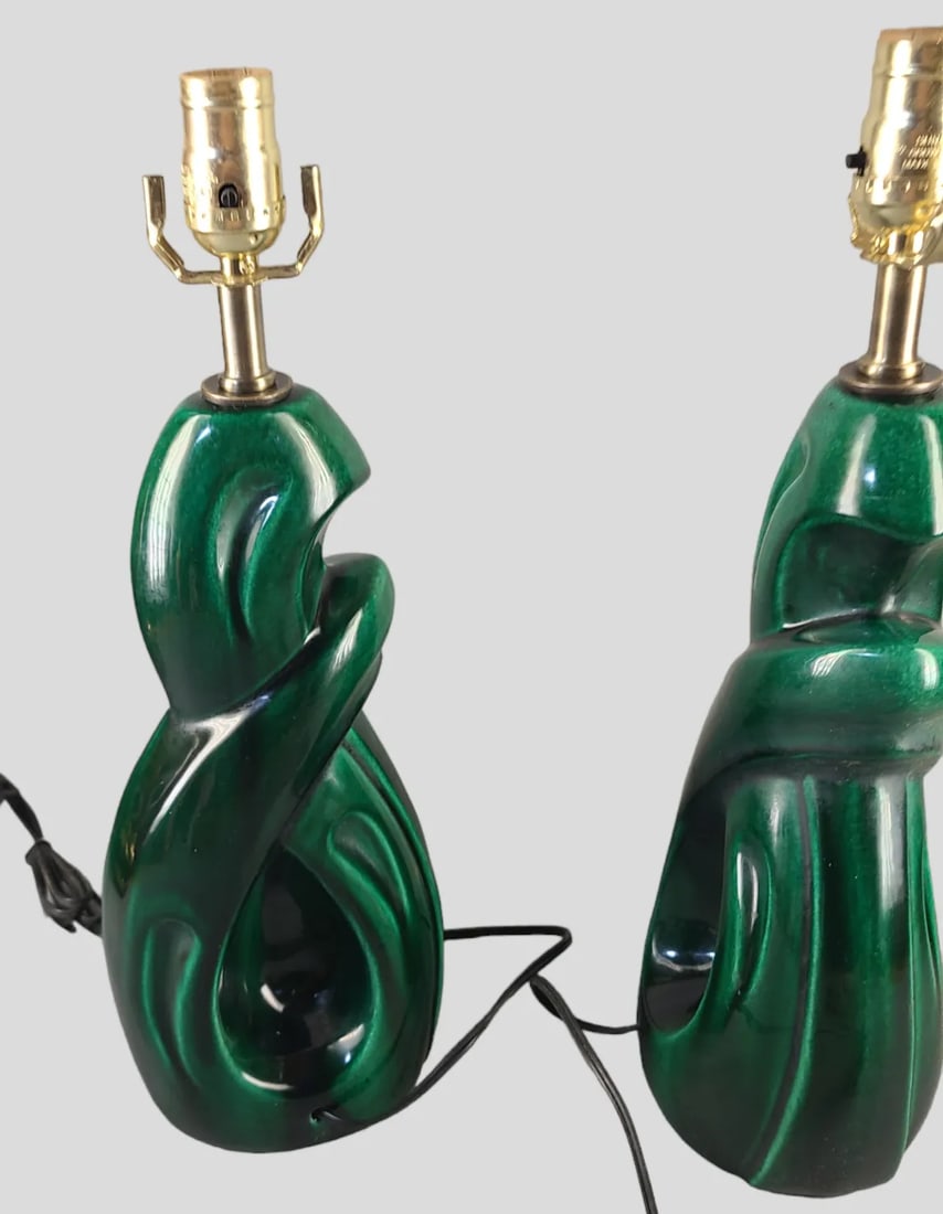 Pair of Vintage Mid-Century Modern Emerald Green Abstract Glazed Pottery Table Lamps - 2
