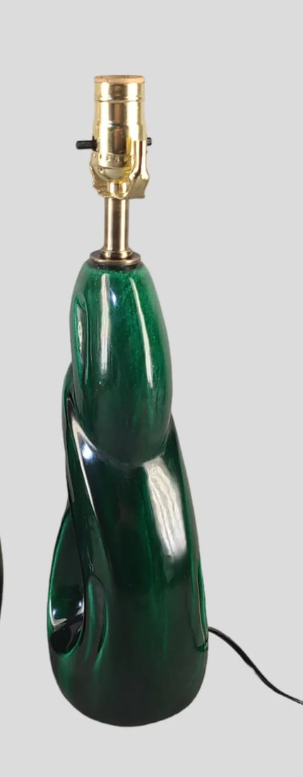 Pair of Vintage Mid-Century Modern Emerald Green Abstract Glazed Pottery Table Lamps - 3