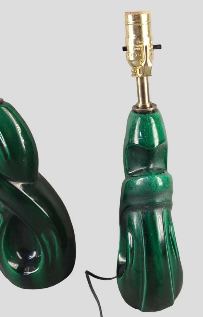Pair of Vintage Mid-Century Modern Emerald Green Abstract Glazed Pottery Table Lamps - 5