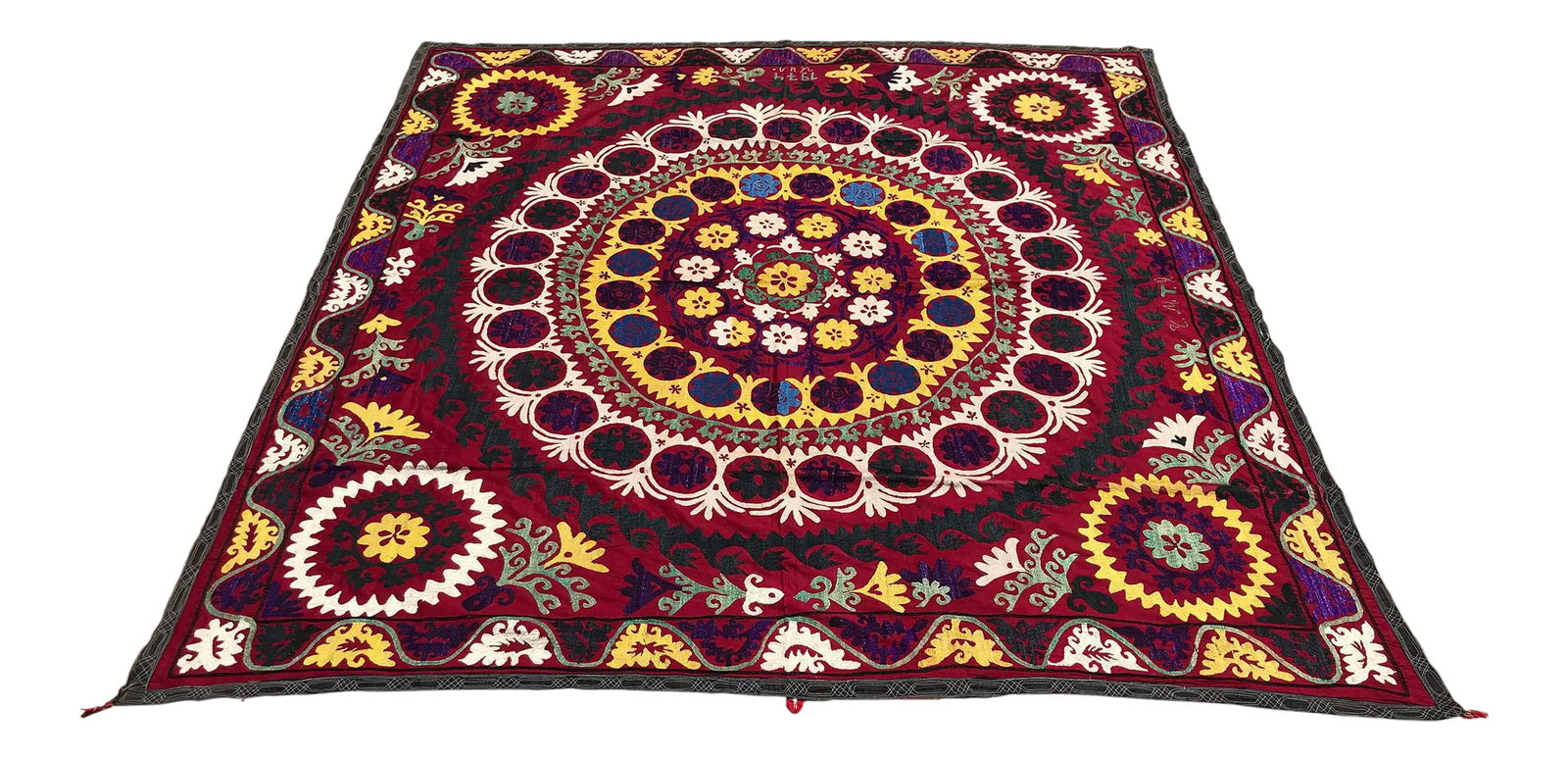 1974 Vintage Floral Center Suzani: Dark Red SUZANI FABRIC - Handmade and Vintage Bedspread - Table Cloth - Suitable For Wall Hanging * Size 6.1 FEET x 6.0 FEET - ( 188 CM x 184 CM ) Square * Multicolor - RED Background with Flower