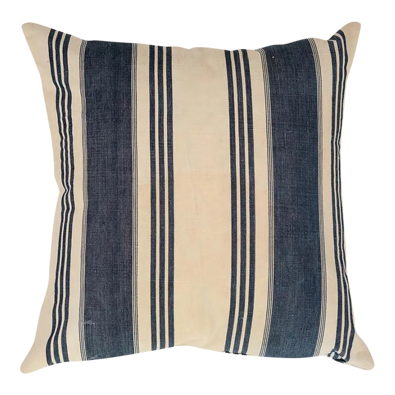 Early 20th Century Vintage French Ticking Stripe Pillow: - We love mixing and matching stripes. And this pillow, custom made from a vintage 19th-century French ticking fabric, has wide and skinny bands that would be essential in any dynamic mix. From its