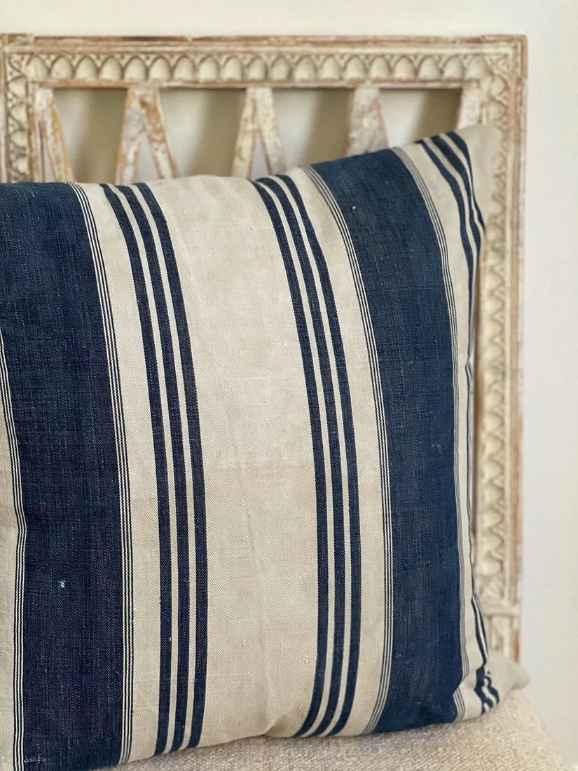Early 20th Century Vintage French Ticking Stripe Pillow - 4