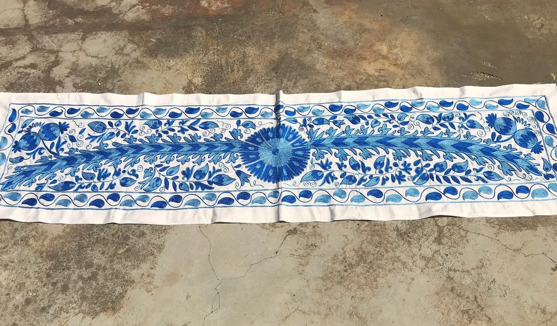 Crochet Table Runner, Blue Patterns With Floral Center - 2