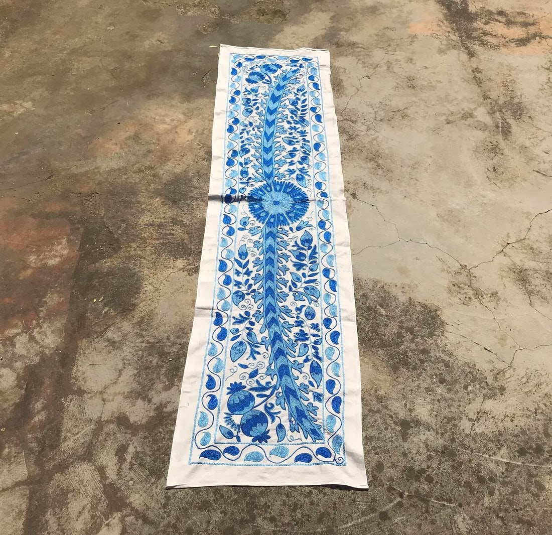 Crochet Table Runner, Blue Patterns With Floral Center - 4