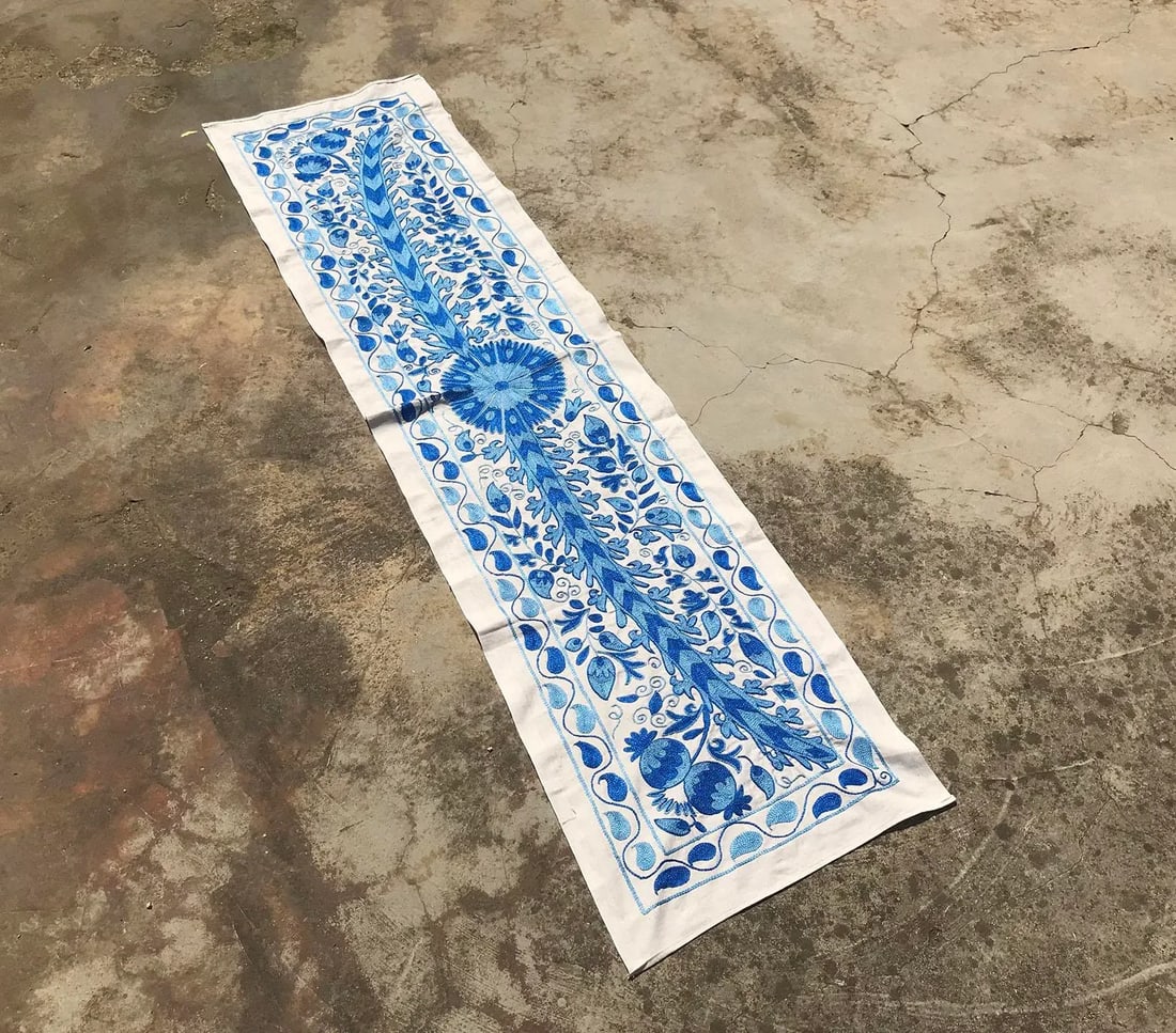 Crochet Table Runner, Blue Patterns With Floral Center - 8