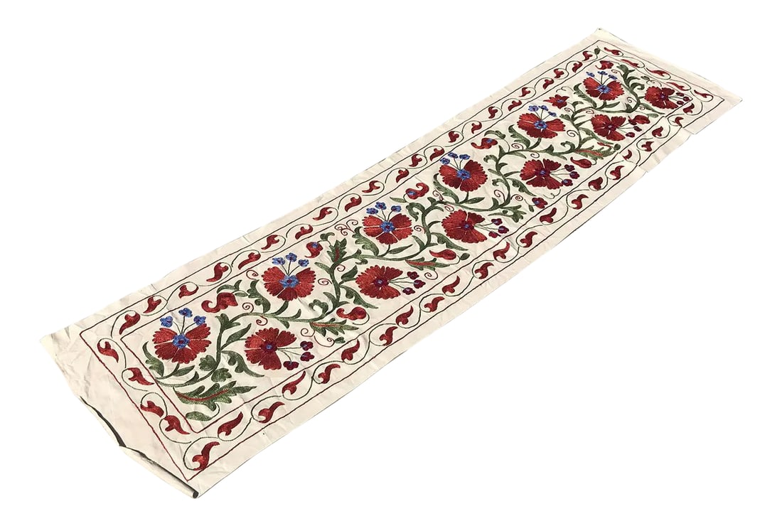 Modern Art Deco Crochet Blue, Red and Green Floral Fabric Table Runner (1 of 7)