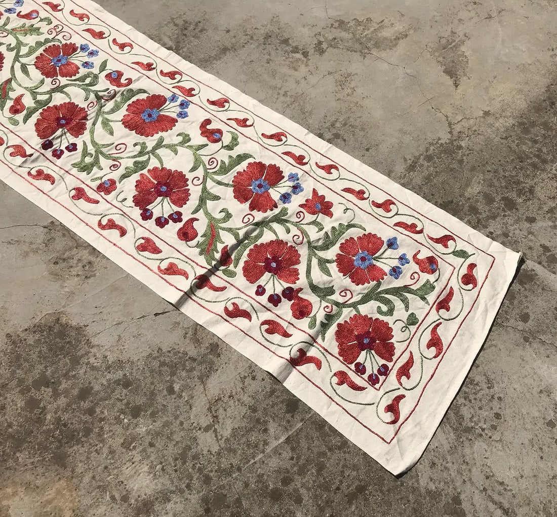 Modern Art Deco Crochet Blue, Red and Green Floral Fabric Table Runner - 2