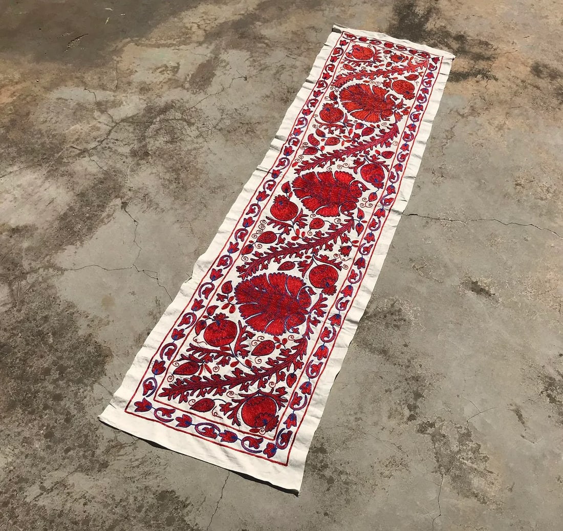 Art Deco Suzani Handmade Red Clove Crochet Table Runner - 8