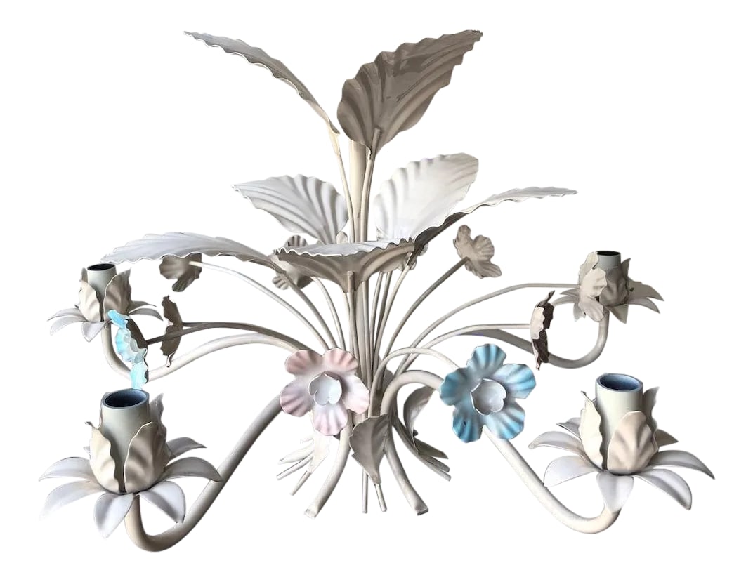 Vintage Italian Tole Chandelier - Blue and Pink: Vintage Italian tole chandelier with 5 arms for lights, pink and blue flowers and white leaves. Tole light fixtures are decorative and add a lot of personality to a room. I don't think I've ever seen