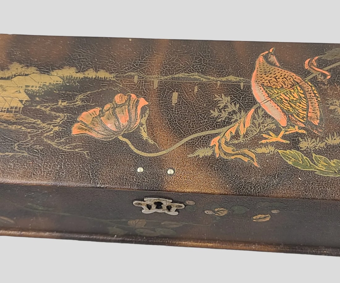 Late 19th Century Antique Victorian French Paper Mache Painted Lacquered Floral Poppies Bird Quel Gl - 7