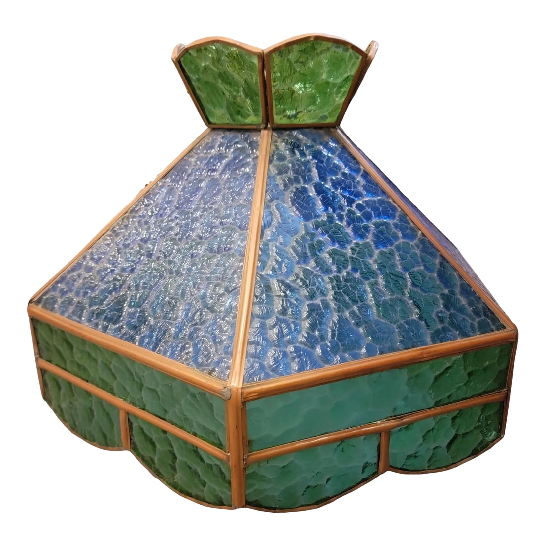 Mid Century Hanging Blue/Geen Stained Glass Pendant Light: Mid Century Hanging Blue/Geen Stained Glass Pendant Light. Great blue color and great illumination towards all angles. Condition: Alterations: Original Condition Unaltered Imperfections: Some