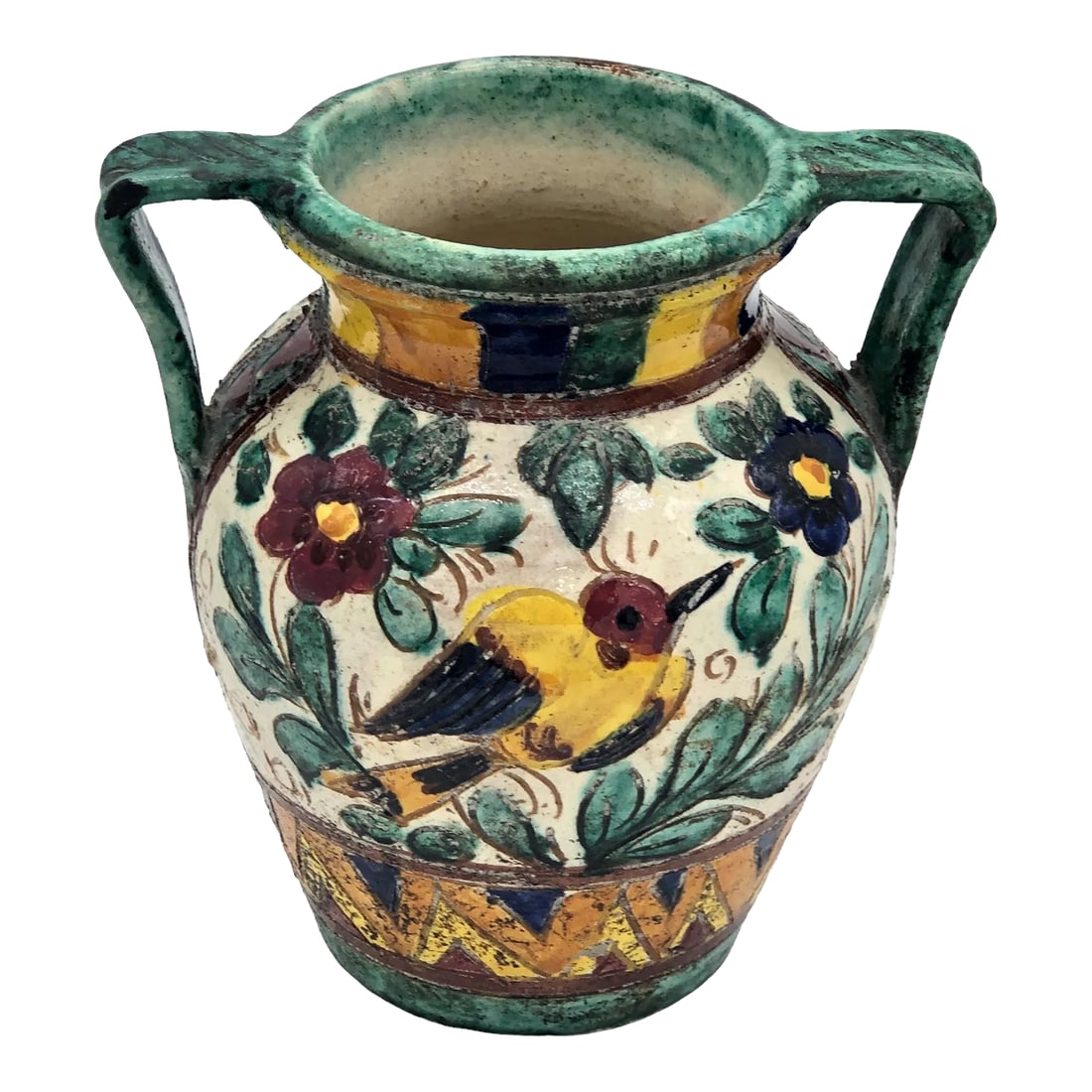 Majolica Italy Tin Glazed Urn/Vase Art Pottery With Handles: STUNNING ANTIQUE Italy Majolica Tin Glazed Urn/Vase Art Pottery with Handles Depicts Two Birds Among Multi-Color Patchwork, Flowers and Branches Early 20th Century Signed on Bottom Beautiful Detail 7"