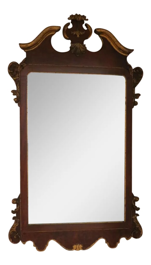 La Barge Mirror Italian Burl Wood and Gold Gilt: Beautiful vintage Italian made La Barge mirror in the Georgian style of the 18th century. Classic styling with burled walnut inlay and gold gilt detailing. This beveled mirror has a timeless beauty, m