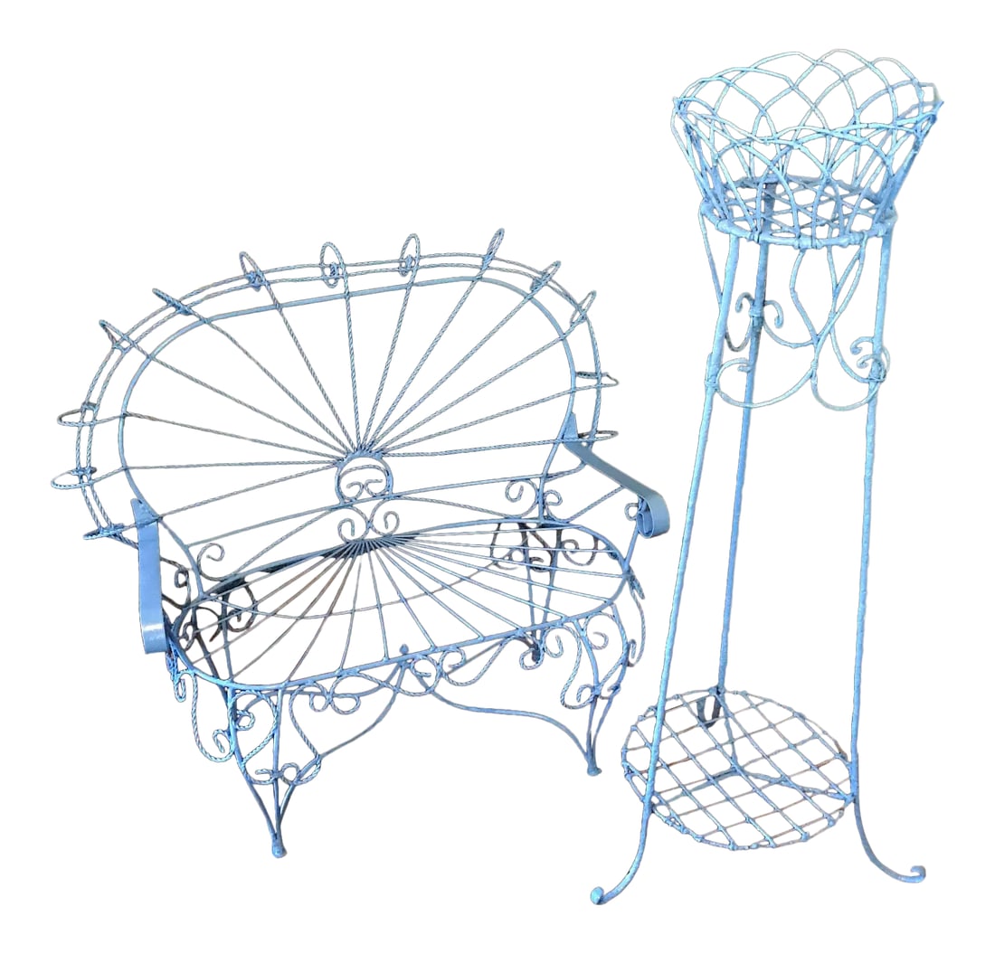 Blue Wire-Woven Plant Stands - A Pair