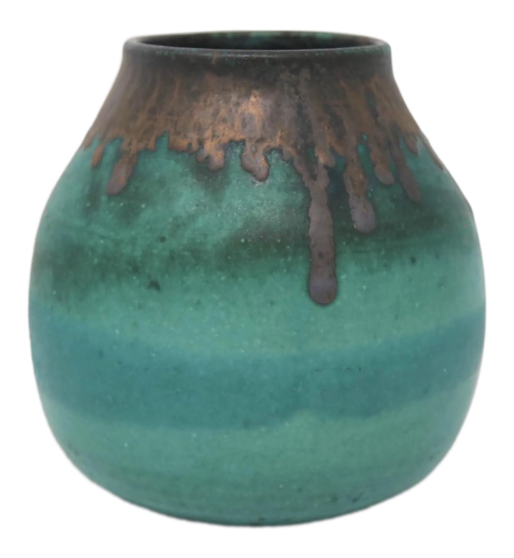 Teal Vase With Brown Rim, Signed (1 of 5)