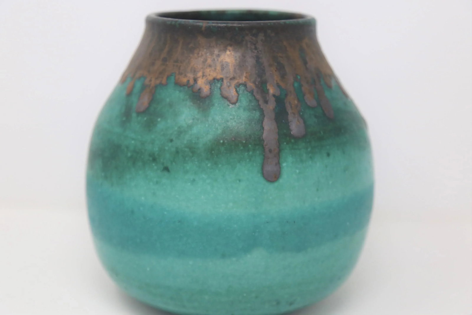 Teal Vase With Brown Rim, Signed - 2