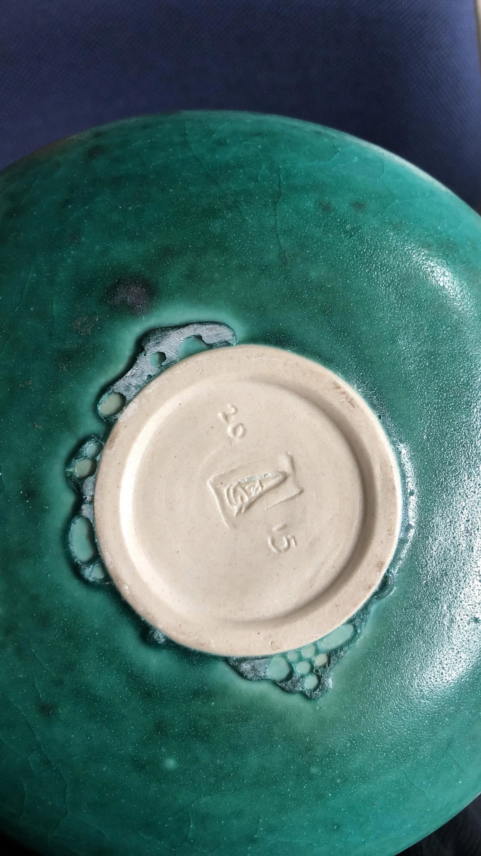 Teal Vase With Brown Rim, Signed - 3