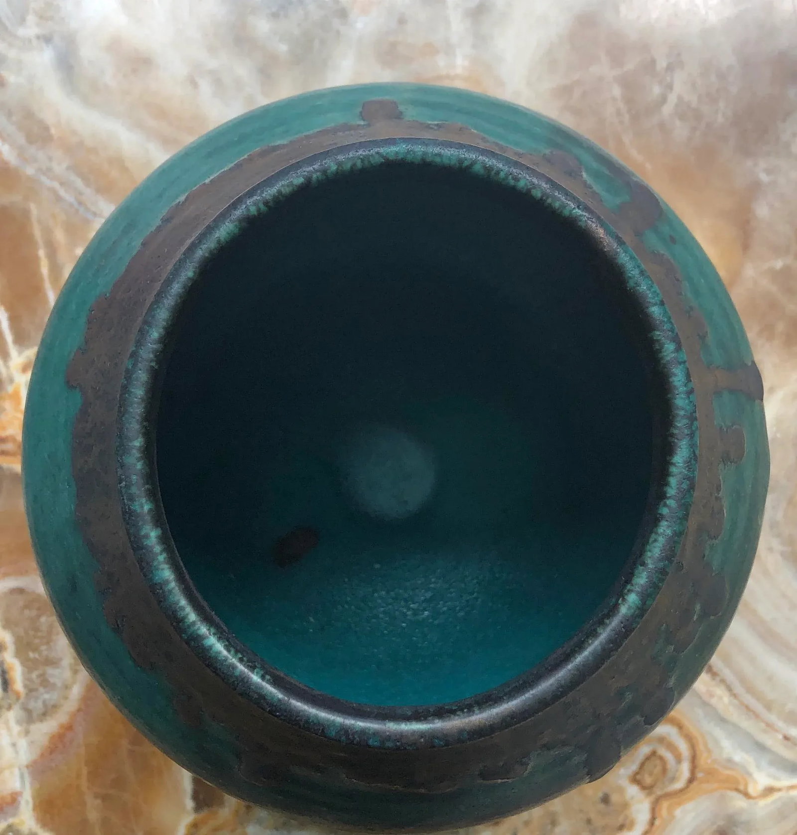 Teal Vase With Brown Rim, Signed - 4