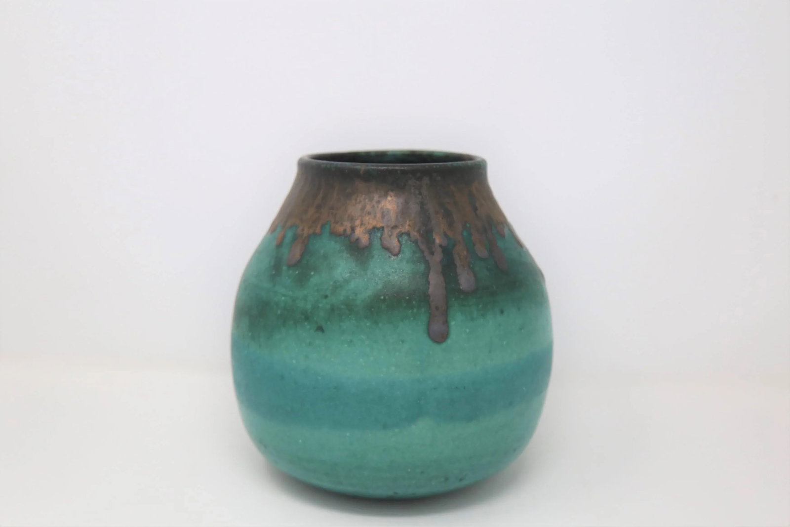 Teal Vase With Brown Rim, Signed - 5