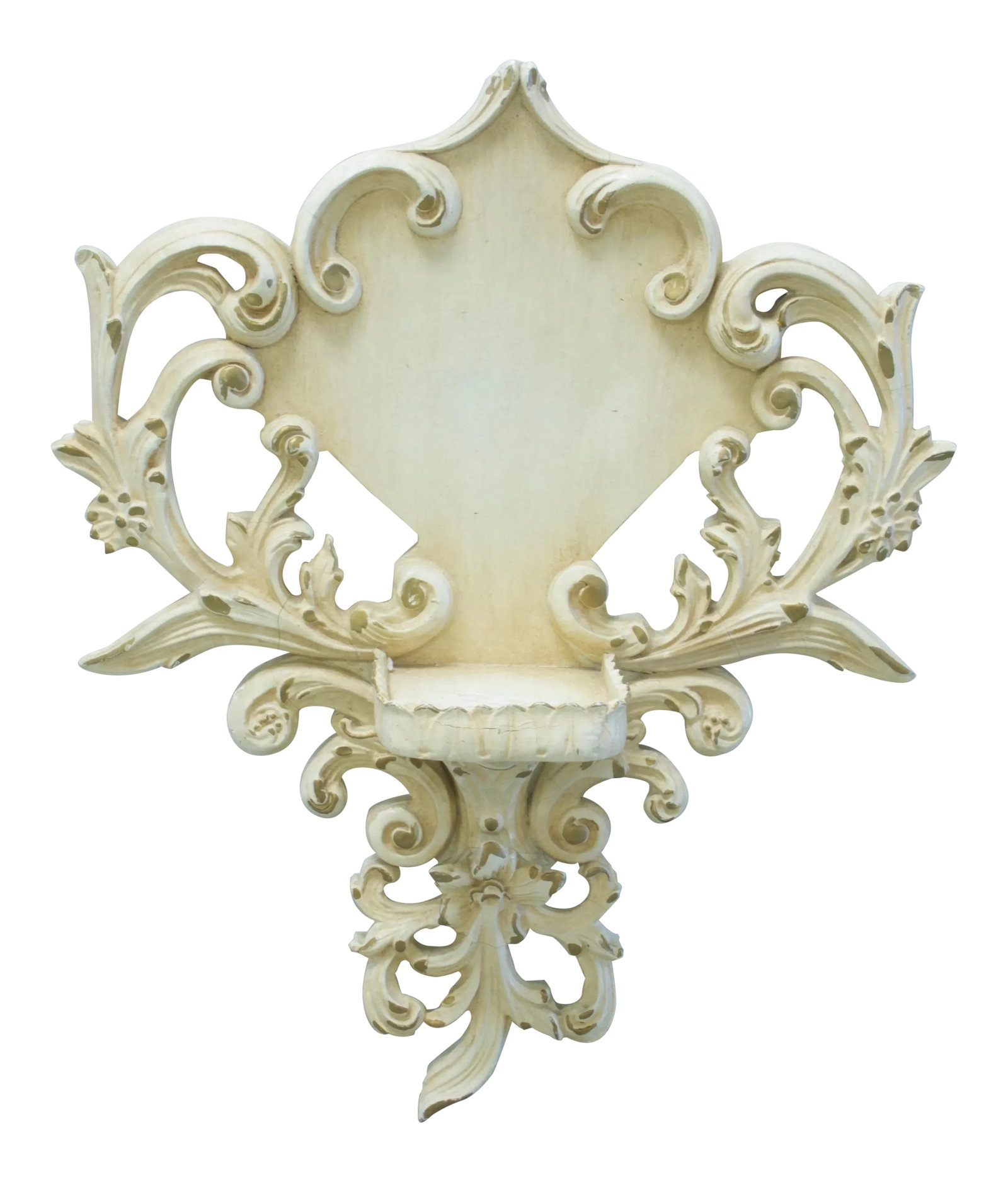 French Provincial Leaf and Scroll Wall Shelf: A Floral, leaf and scroll decorative wall sconce with an attached display platform. Display area measures 3.75" W x 3.75" D x 1" H. Condition: Alterations: Original Condition Unaltered Imperfections: