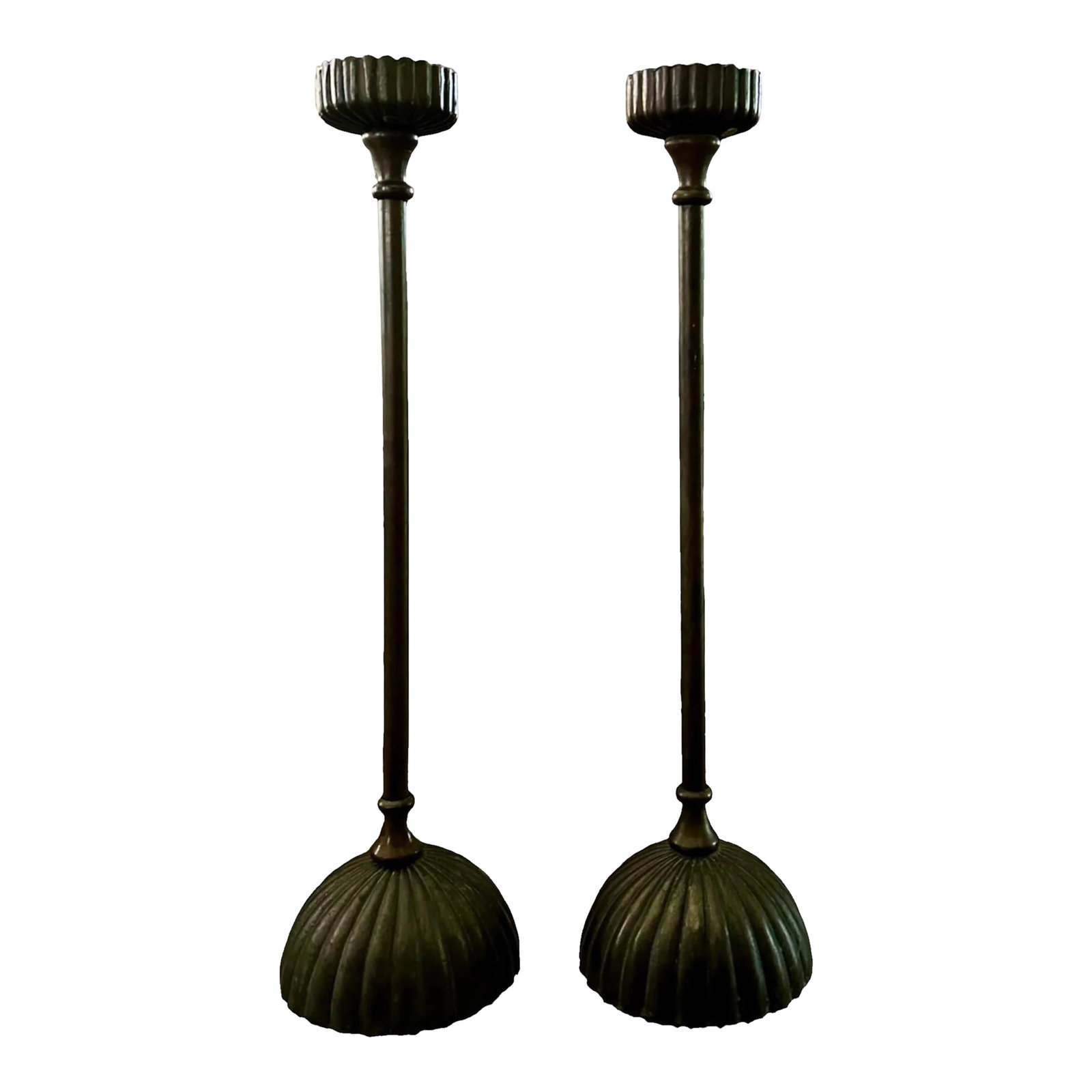 Vintage Tall Bronze Chrysanthemum Altar Candle Stands / Holders / Candlesticks in the Japanese Style: A lovely pair of heavy bronze chrysanthemum candle stands by Silvestri. Each features a cast chrysanthemum style base with a long center post ending in a fluted candle cup. In the Japanese style. Labe