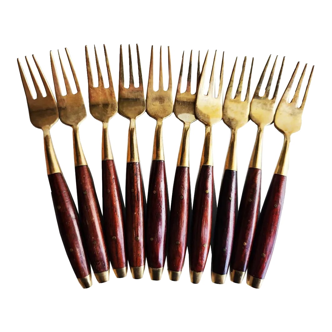 Vintage Thai Rosewood and Brass Cocktail/Pickle Forks. Set of 10: Offered is a set of adorable little cocktail forks, also called pickle forks, with rosewood handles and brass heads. Perfect for people who take their cocktail hour seriously with offerings of