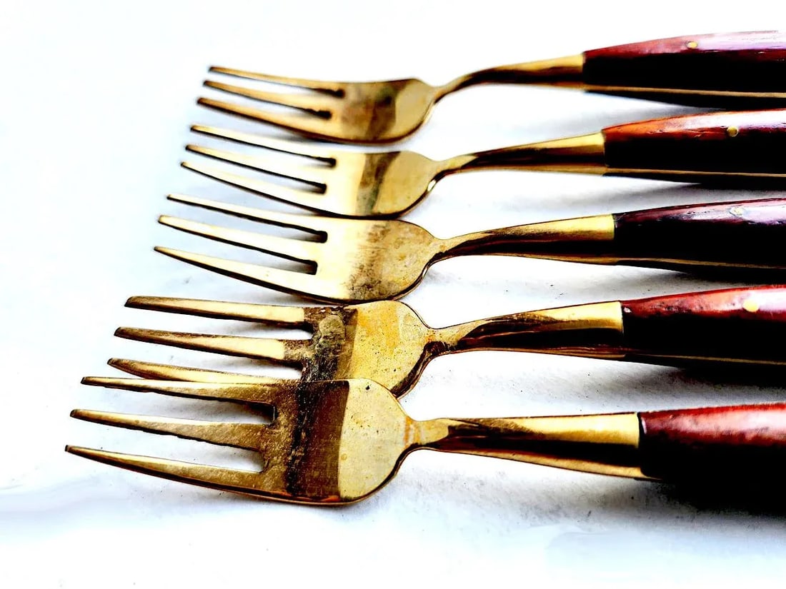 Vintage Thai Rosewood and Brass Cocktail/Pickle Forks. Set of 10 - 2