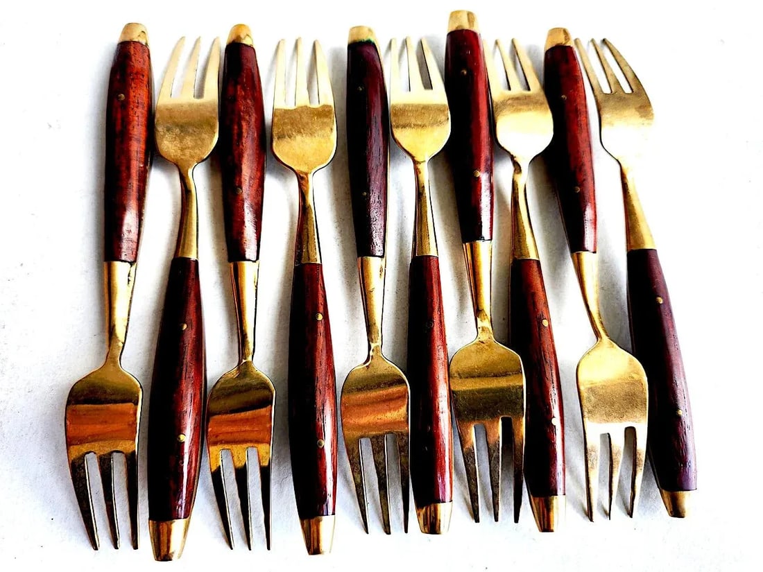 Vintage Thai Rosewood and Brass Cocktail/Pickle Forks. Set of 10 - 3