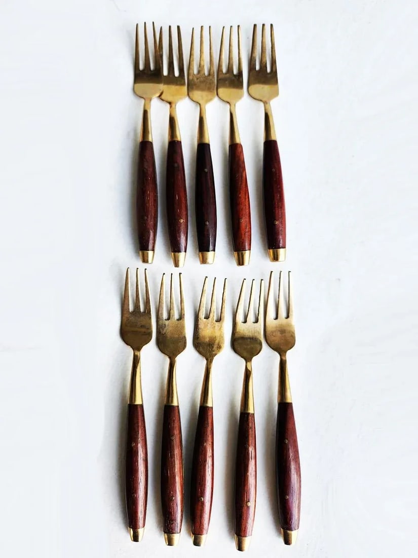 Vintage Thai Rosewood and Brass Cocktail/Pickle Forks. Set of 10 - 4
