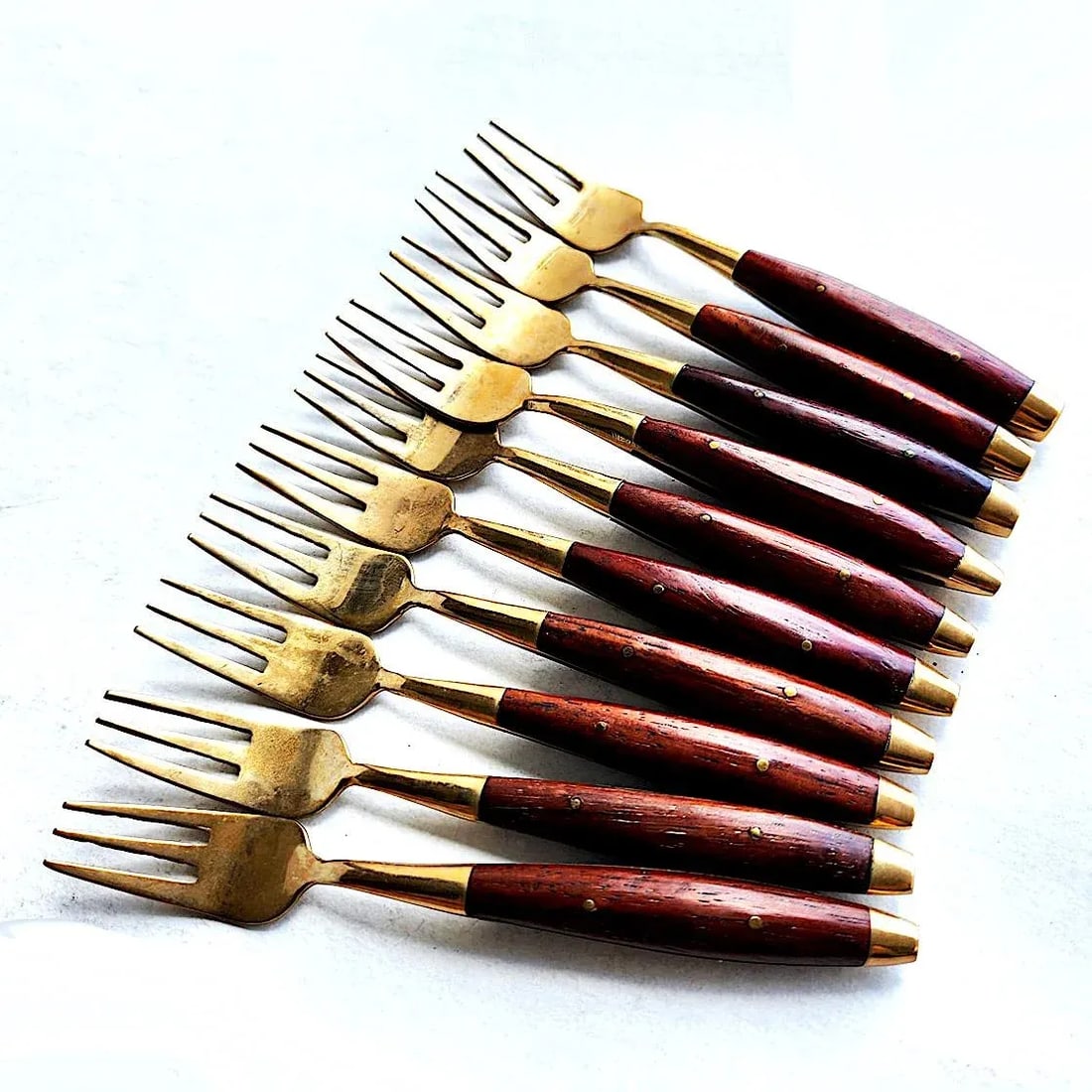 Vintage Thai Rosewood and Brass Cocktail/Pickle Forks. Set of 10 - 5