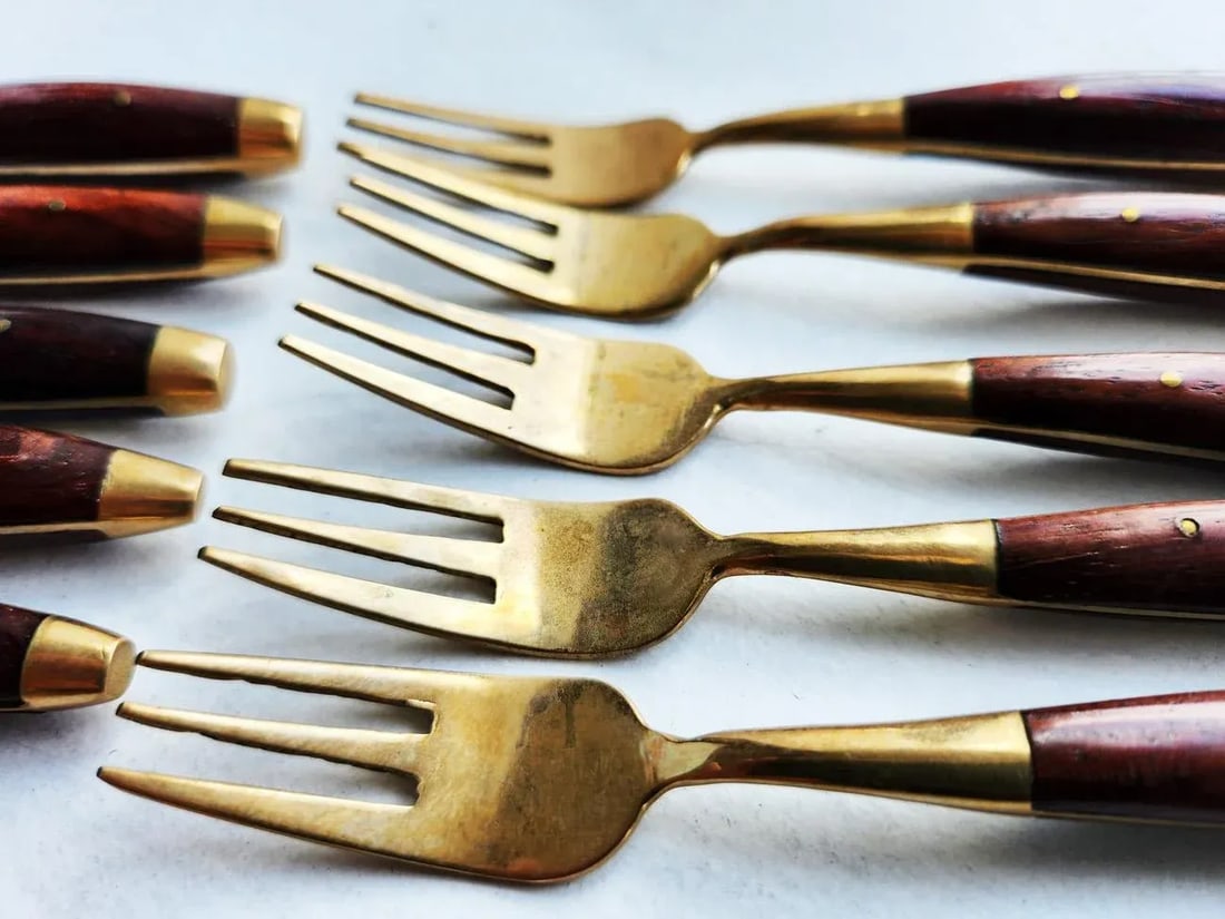 Vintage Thai Rosewood and Brass Cocktail/Pickle Forks. Set of 10 - 6