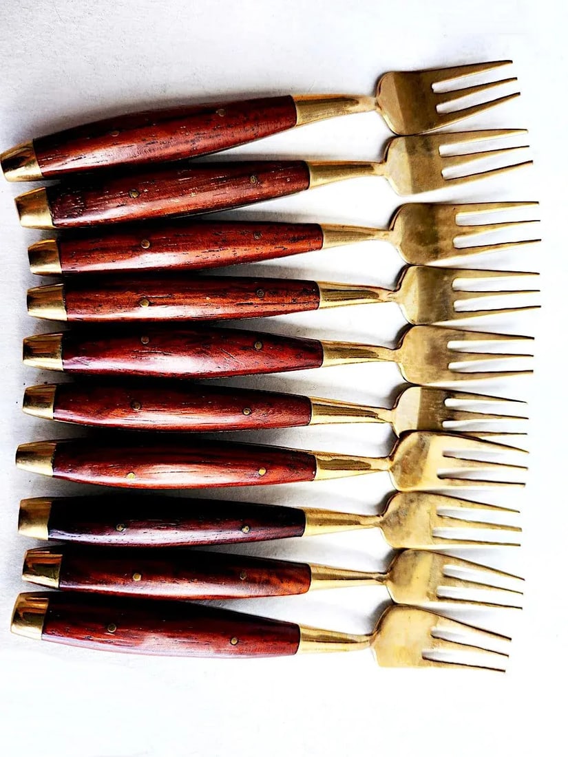 Vintage Thai Rosewood and Brass Cocktail/Pickle Forks. Set of 10 - 7