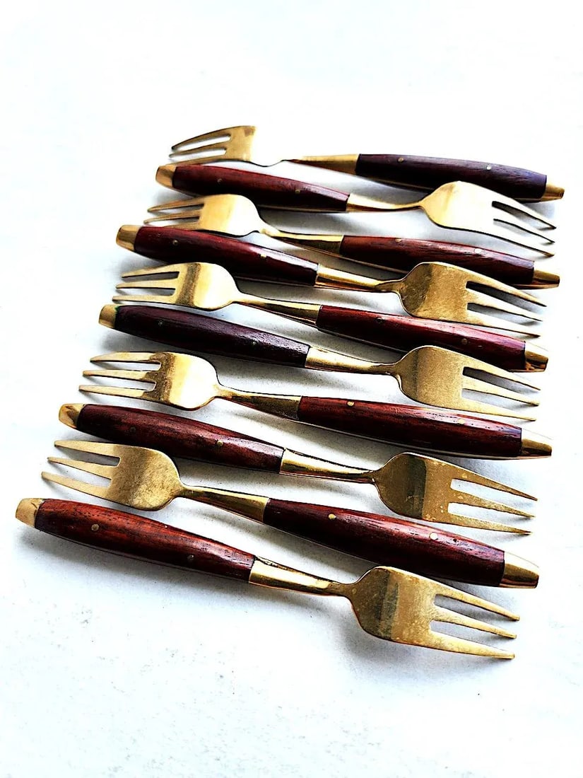 Vintage Thai Rosewood and Brass Cocktail/Pickle Forks. Set of 10 - 8