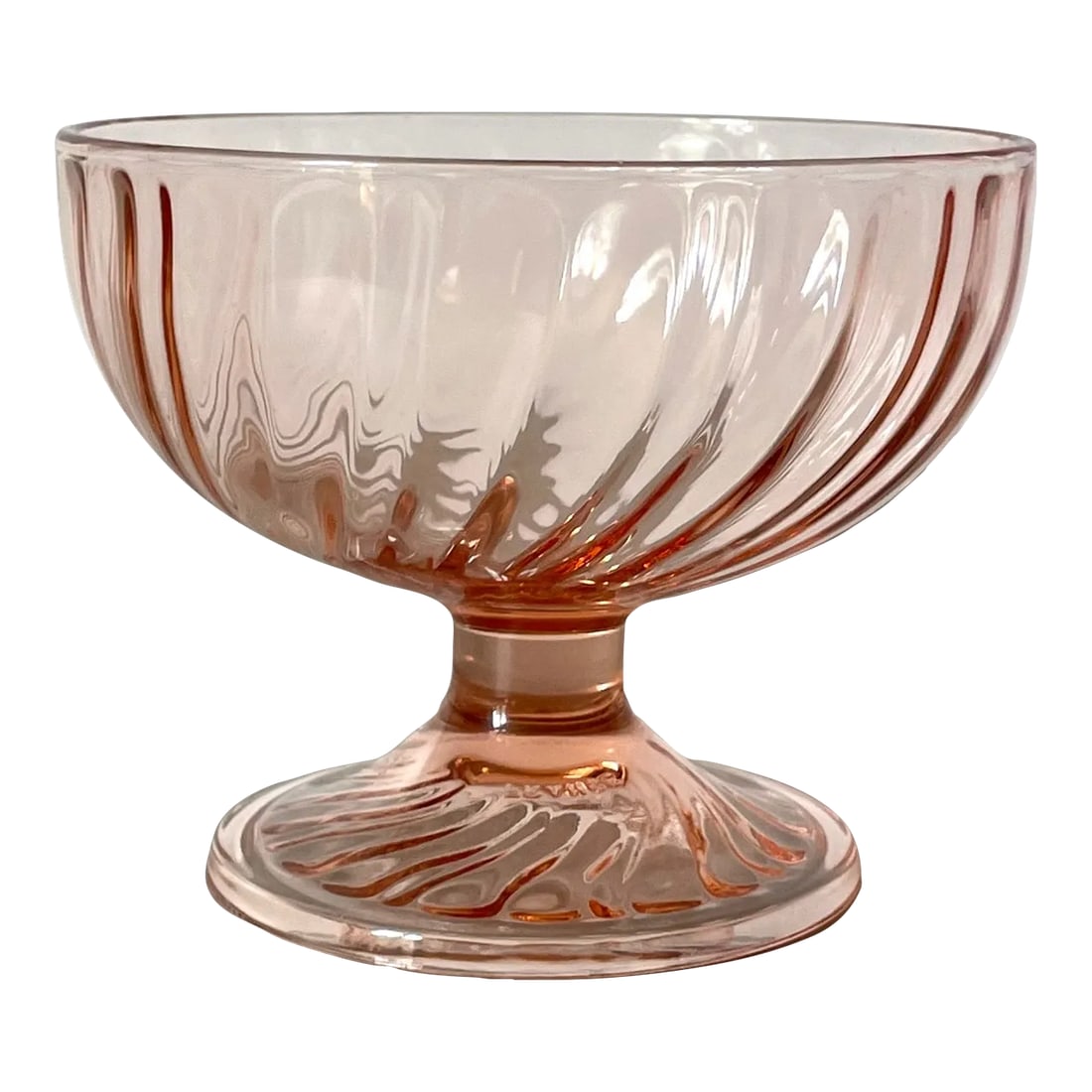 Mid-Century Cristal d'Arques-Durand Swirl Optic Small Compote Candy / Nut Bowl: Super cute and charming pink glass small compote by Cristal D'Arques. Bowl has their iconic Optic Swirl design within the glass on both the bowl and the foot. And it is stunning in the gorgeous