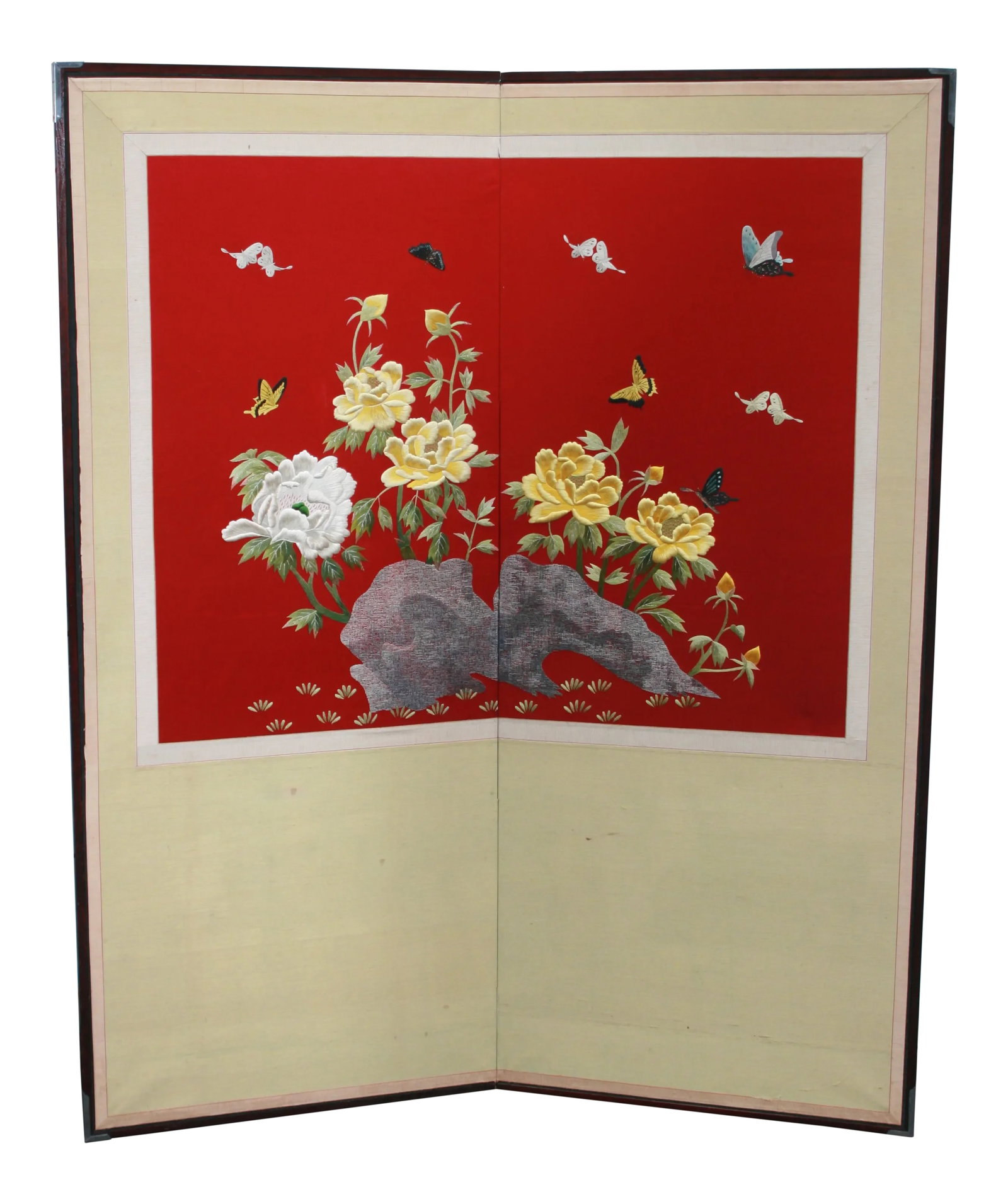 Asian Nature Motif 2 Panel Hand Embroidered Screen: A Lovely Piece of Hand Embroidery in brilliant colors of white greens, yellows, blue, brown, black, and lavender against a rich solid red background. There are silver and gold metallic threads used