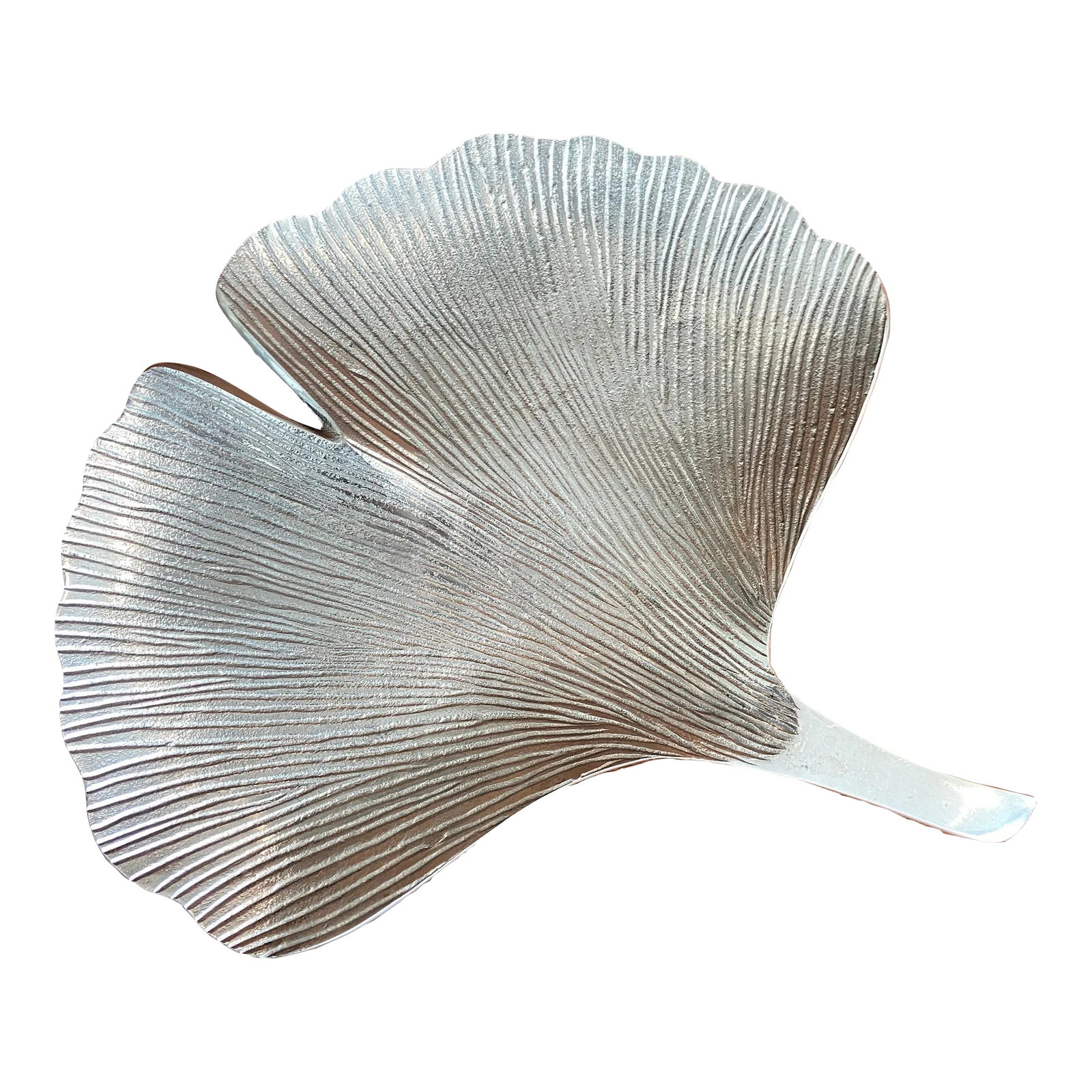 Large 1990s Ginkgo Fan Leaf Shaped Aluminum Metal Coffee Table Tray: Lovely ginkgo shaped leaf aluminum tray that fans out making a perfect catch-all in your entry or for acandle on your coffee table. Weight is approximately 2 lbs Condition: Alterations: Original Condi