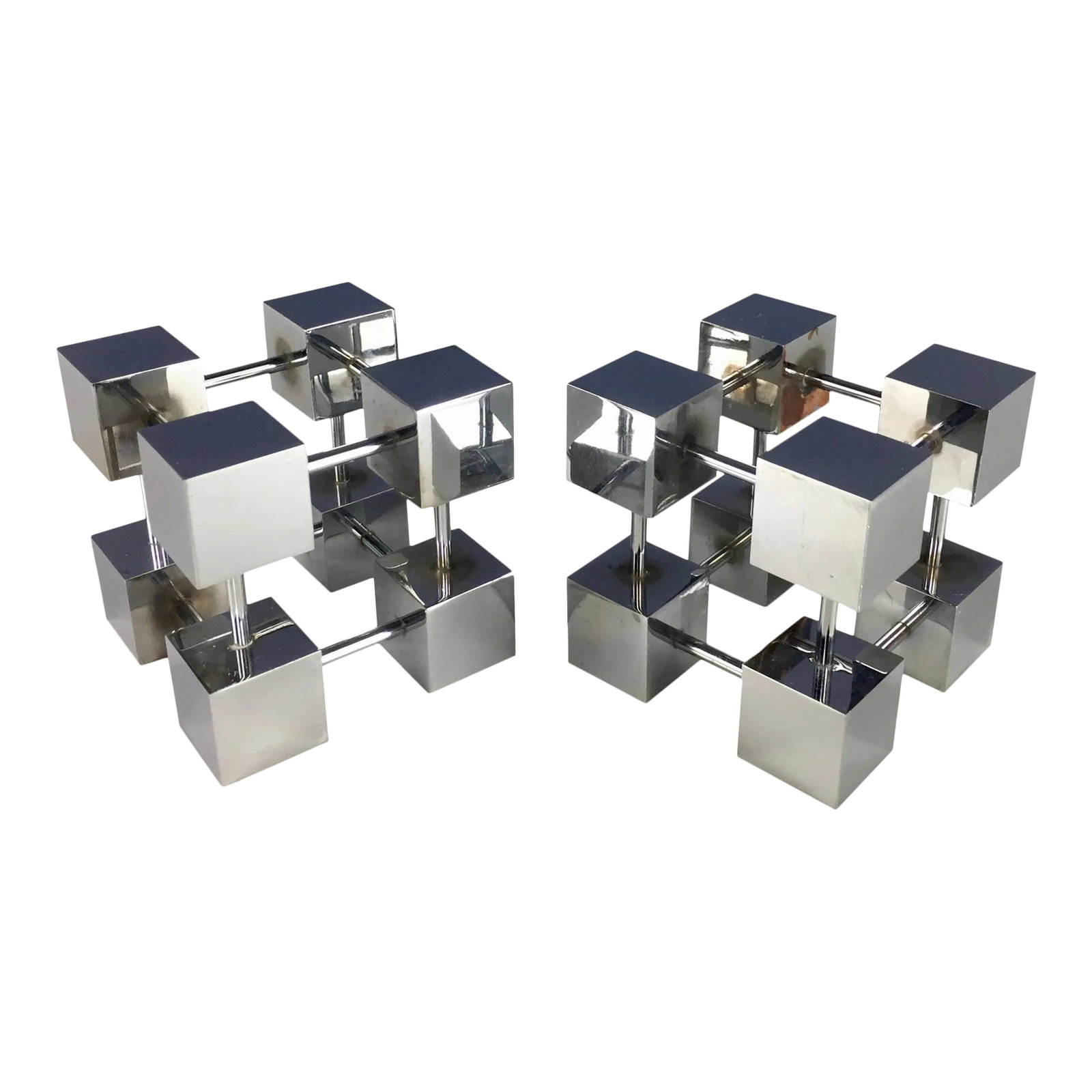 1970s Mid Century Modern Bill Curry for Design Line Inc. Stainless Bookends - a Pair: Very heavy and seemingly rare cube on cube stainless clad bookends by Bill Curry for Design Line Condition: Alterations: Original Condition Unaltered Imperfections: Some Imperfections Condition